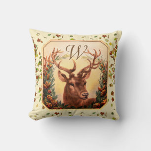 CHRISTMAS DEER,PINE CONES CROWN MONOGRAM Cream Cushion