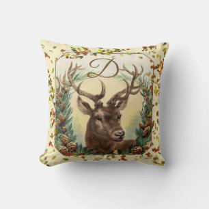 CHRISTMAS DEER,PINE CONES CROWN MONOGRAM Ivory Cushion