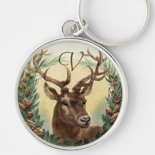 CHRISTMAS DEER ,PINE CONES CROWN MONOGRAM LETTER KEY RING