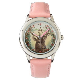 CHRISTMAS DEER,PINE CONES CROWN,PINK GEMS MONOGRAM WATCH
