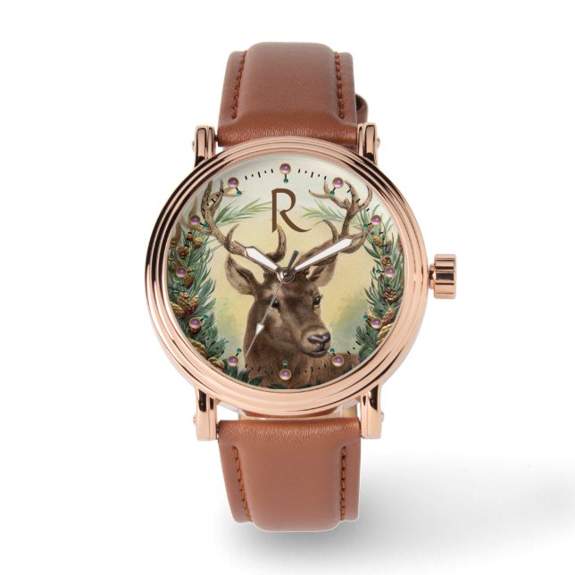 CHRISTMAS DEER,PINE CONES CROWN,PINK GEMS MONOGRAM WATCH (Front)