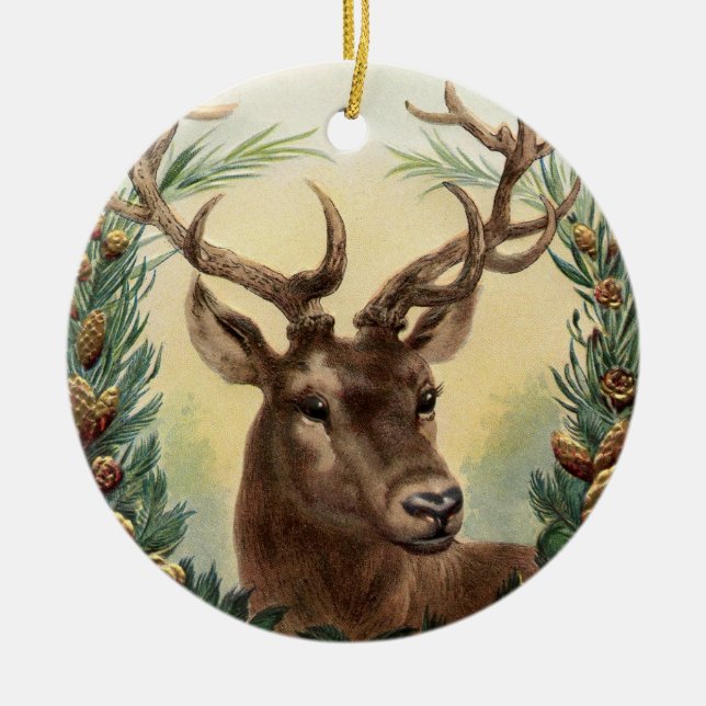CHRISTMAS DEER,PINE CONES CROWN,RED GREEN GEMS CERAMIC TREE DECORATION (Front)