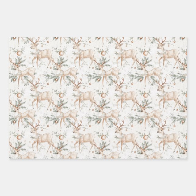 Christmas Deer Pine Twigs Wrapping Paper Sheet (Front)