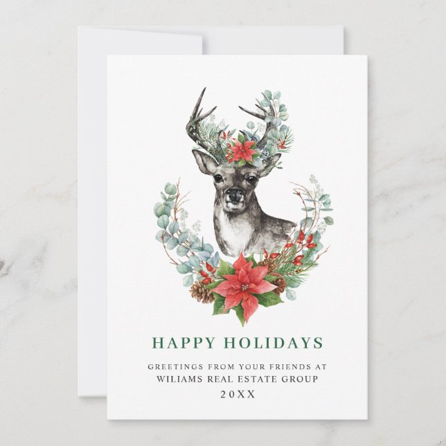 Christmas Deer Poinsettia Corporate Greeting Holiday Card (Front)