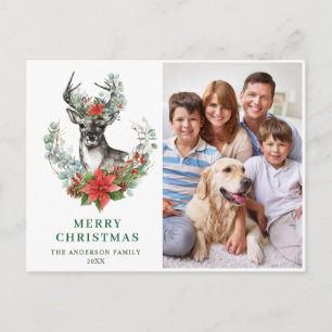 Christmas Deer Poinsettia Greeting Holiday PHOTO Postcard