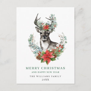Christmas Deer Poinsettia Greeting Holiday Postcard