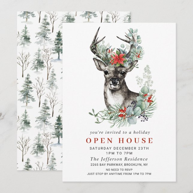Christmas Deer Poinsettia Holiday Open House Invitation (Front/Back)