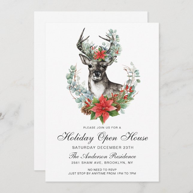 Christmas Deer Poinsettia Holiday Open House Invitation (Front/Back)