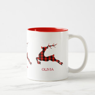 Christmas deer red and black plaid Two-Tone coffee mug