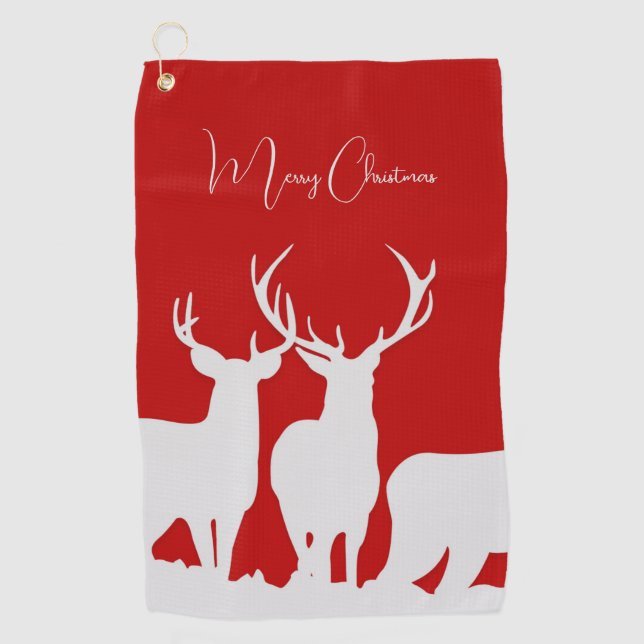 Christmas deer reindeer holiday simple classic red golf towel (Front)