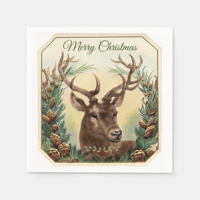 Christmas Deer Reindeer Holly Pine Cones Rustic Napkin (Front)