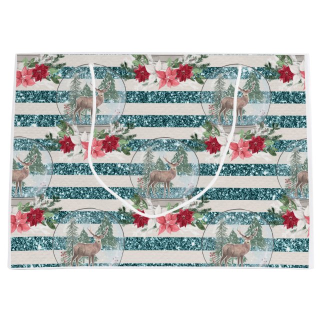 Christmas deer snowball, poinsettias large gift bag (Front)