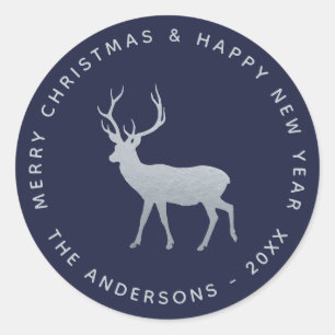 Christmas Deer Stag Navy Blue Faux Silver Elegant Classic Round Sticker