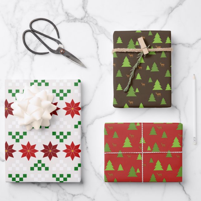 Christmas Deer Trees and Poinsettias  Wrapping Paper Sheet (Front)