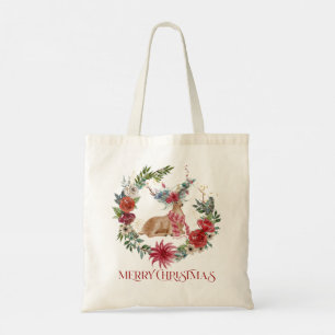 Christmas Deer, Typography and floral wreath Tote Bag