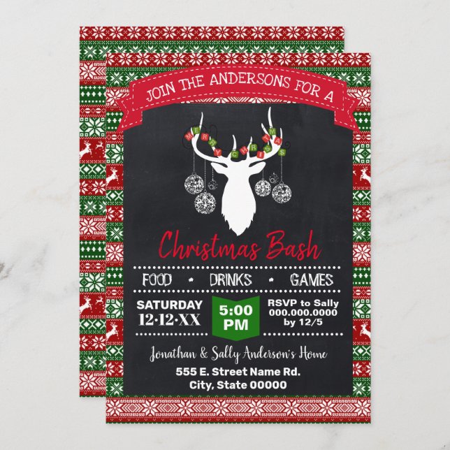 Christmas Deer Ugly Sweater Party Invitation (Front/Back)
