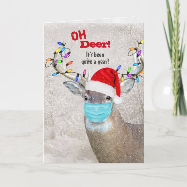 Christmas Deer Wearing Santa Hat Holiday Card (Front)