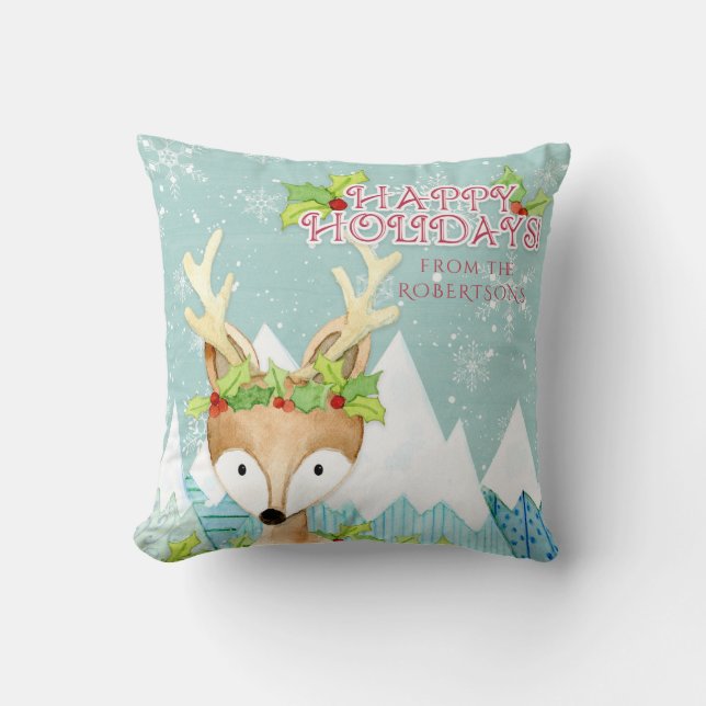 Christmas Deer Winter Snow Cute Adorable Holly Cushion (Front)