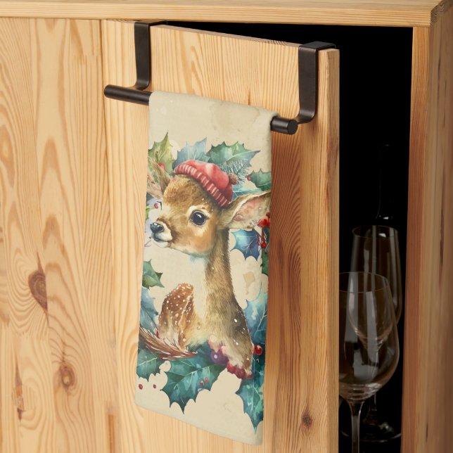 Christmas Deer Winter Watercolor Fun Animal Tea Towel (Thirds Fold)