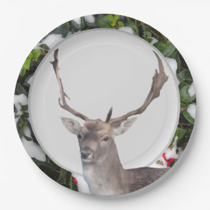 Christmas Deer with Holly Paper Plate