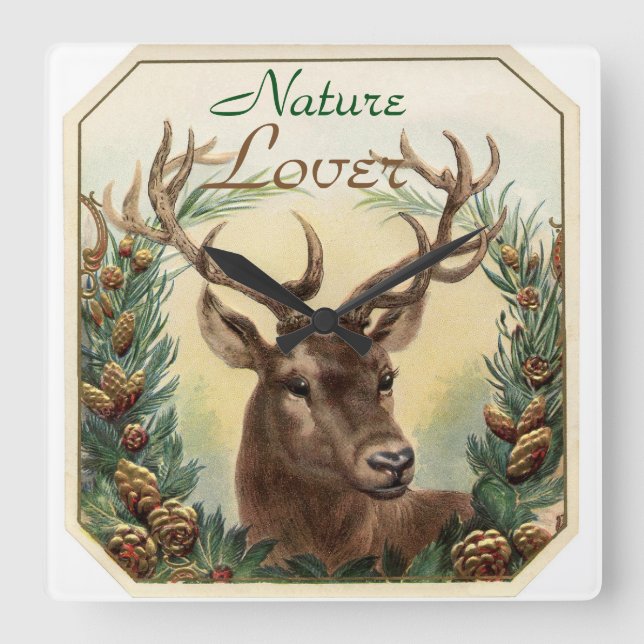 CHRISTMAS DEER WITH PINE CONE CROWN NATURE LOVER SQUARE WALL CLOCK (Front)