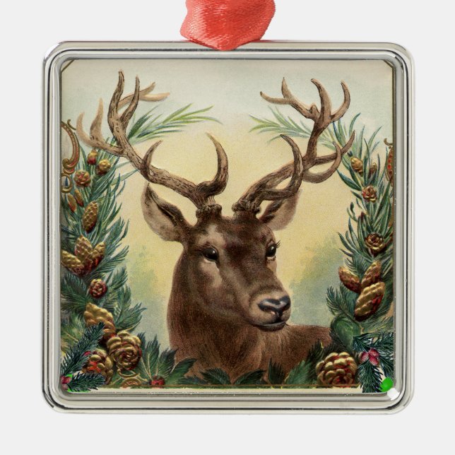 CHRISTMAS DEER WITH PINE CONES CROWN Brown Green Metal Tree Decoration (Front)