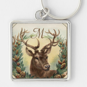 CHRISTMAS DEER WITH PINE CONES CROWN MONOGRAM KEY RING