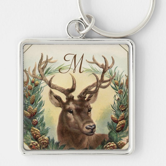 CHRISTMAS DEER WITH PINE CONES CROWN MONOGRAM KEY RING (Front)