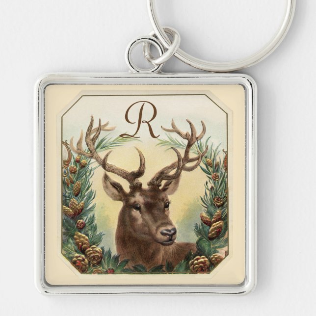 CHRISTMAS DEER WITH PINE CONES CROWN MONOGRAM KEY RING (Front)