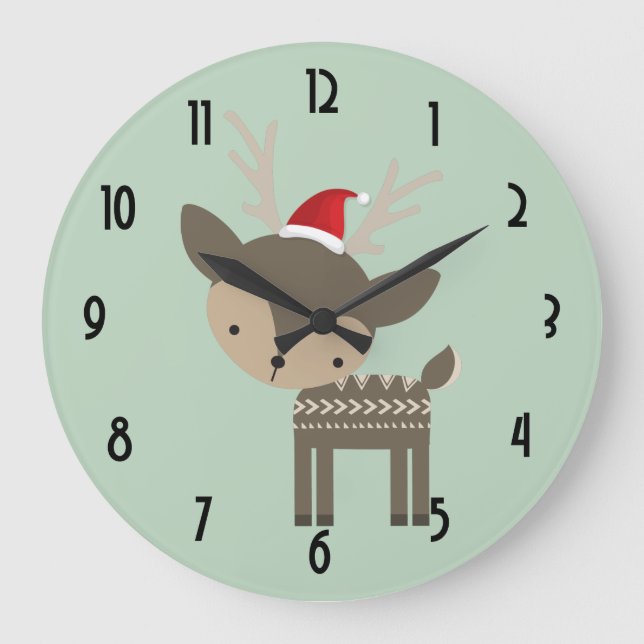 Christmas Deer With Red Santa Hat Retro Hipster Large Clock (Front)