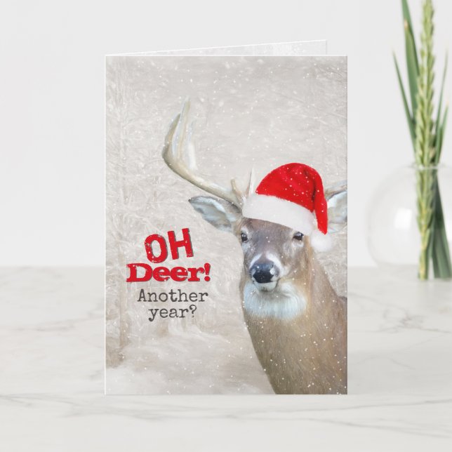Christmas Deer With Santa Cap Holiday Card (Front)