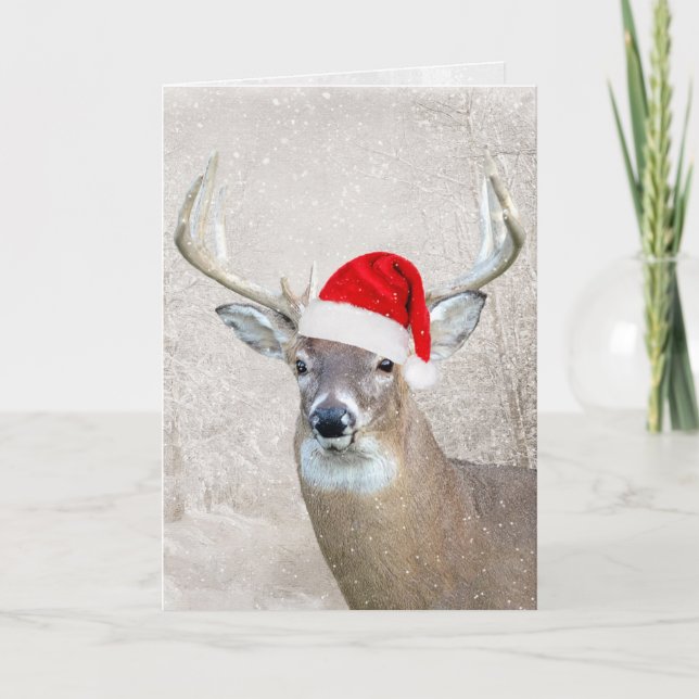 Christmas Deer with Santa Hat Holiday Card (Front)