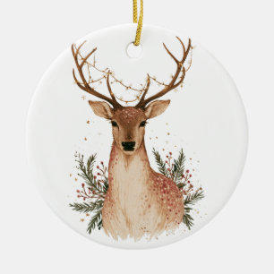 Christmas Deer with String Lights and Greenery Ceramic Tree Decoration