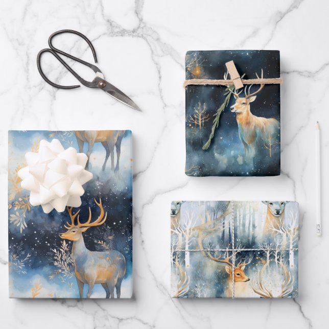 Christmas deer Wrapping Paper gift wraps navy gold (Front)