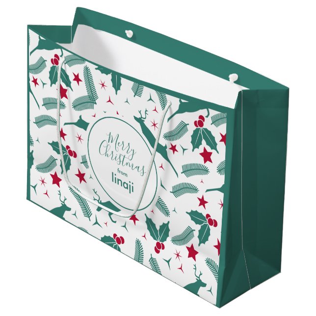 Christmas deers & holly pattern large gift bag (Front Angled)