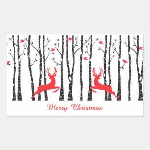 Christmas deers in birch tree forest rectangular sticker