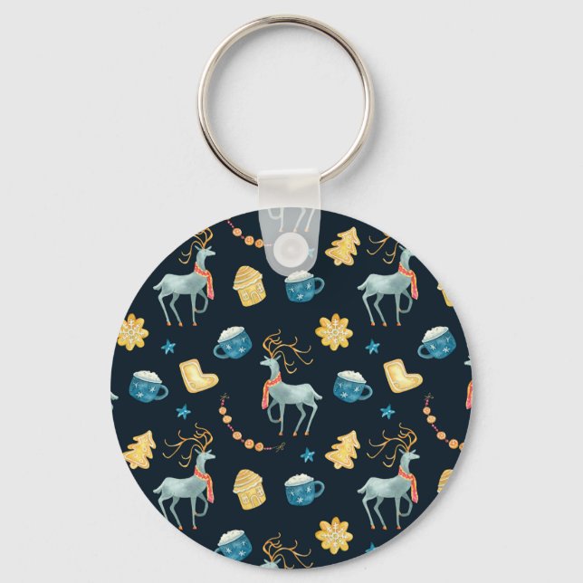 Christmas Deers: Watercolor Seamless Pattern Key Ring (Front)