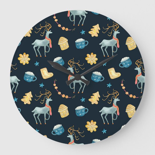 Christmas Deers: Watercolor Seamless Pattern Large Clock (Front)