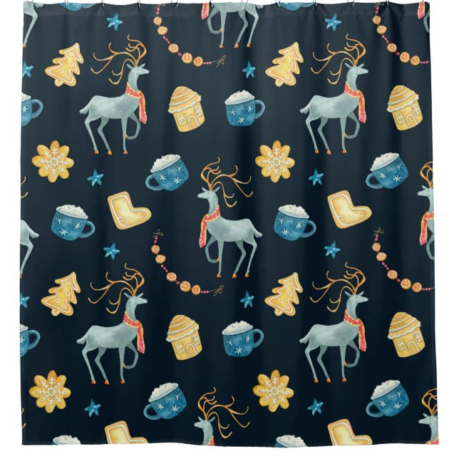 Christmas Deers: Watercolor Seamless Pattern Shower Curtain (Front)