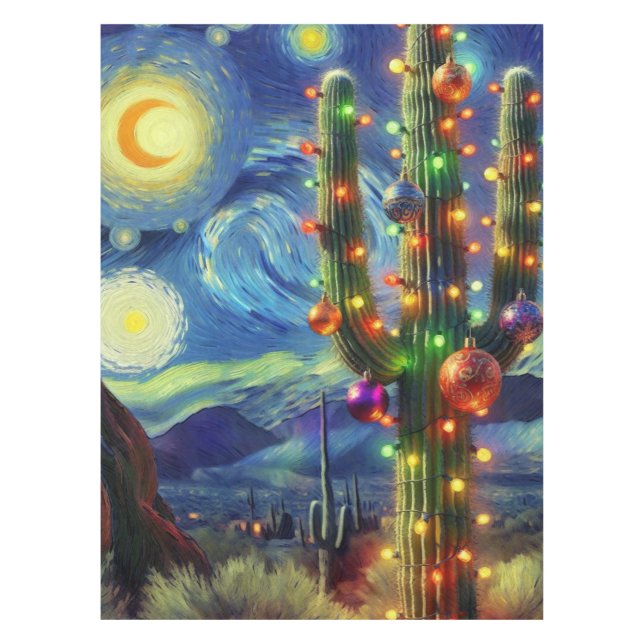 Christmas Desert Saguaro Cactus Holiday Card Tablecloth (Front)