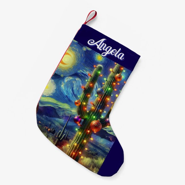 Christmas Desert Saguaro Cactus Van-Gogh Style Small Christmas Stocking (Front (Hanging))