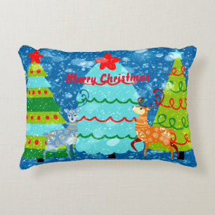 Christmas Design with Trees, Deer, and Snow Decorative Cushion
