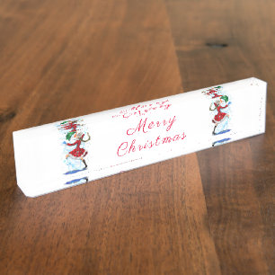 Christmas Desk Name Plate Snowman and Girl Dance