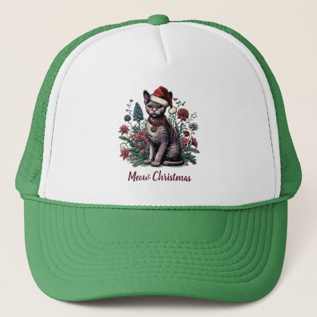 Christmas Devon Rex Cat: Santa Hat and Flowers (Front)