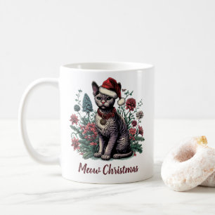 Christmas Devon Rex Cat: Santa Hat and Flowers Coffee Mug