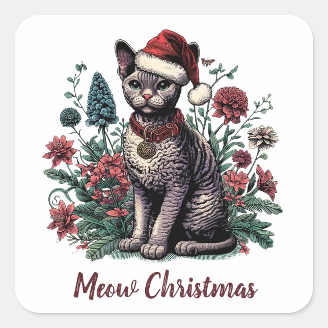 Christmas Devon Rex Cat: Santa Hat and Flowers Square Sticker (Front)