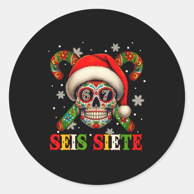 Christmas Dia De Los Muertos Sugar Skull Seis Siet Classic Round Sticker (Front)