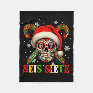 Christmas Dia De Los Muertos Sugar Skull Seis Siet Fleece Blanket