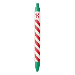 Christmas Diagonal Red and White Stripes Initial Black Ink Pen