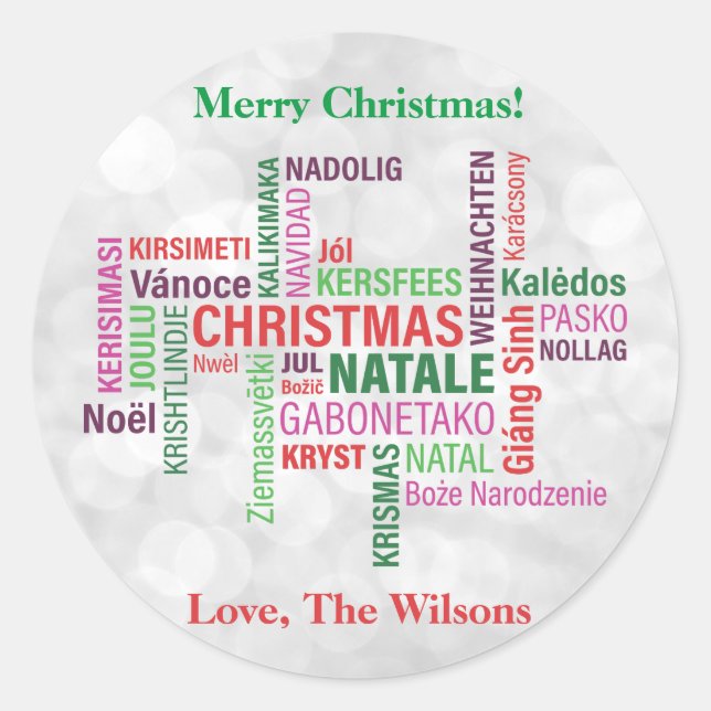 Christmas Different Languages Word Cloud Custom Classic Round Sticker (Front)